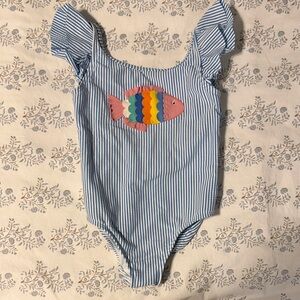 MiniBoden Toddler Girl Seersucker Fish Swimsuit